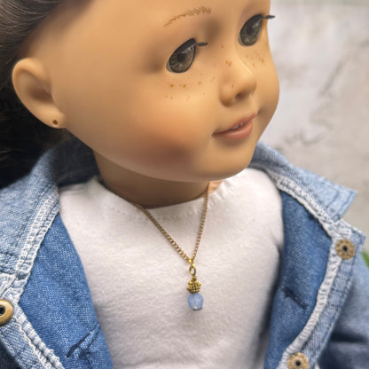 Light Blue Glass Drop Charm Gold Chain Doll Necklace • 18 Inch Fashion Doll Jewelry