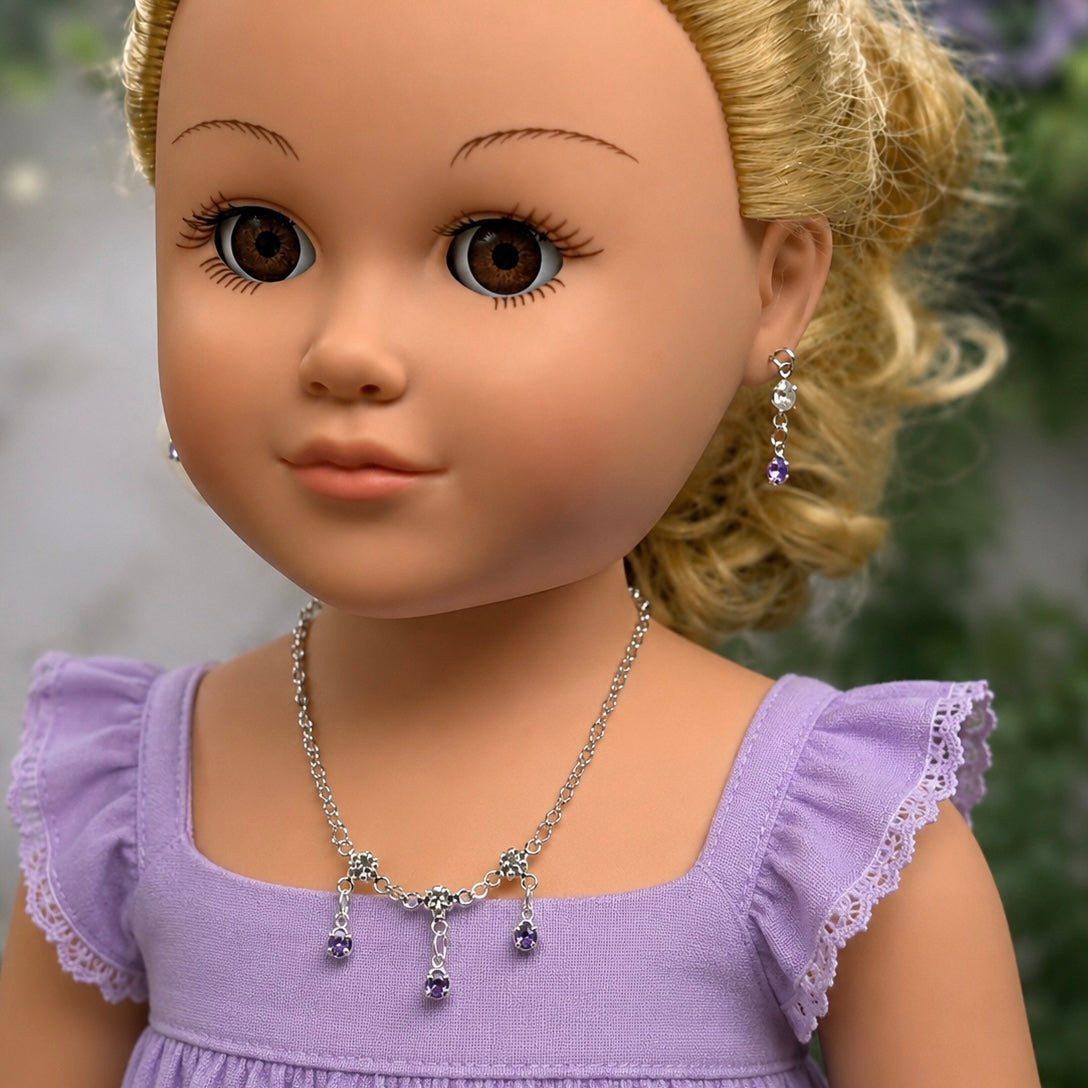 Light Misty Purple & Clear Rhinestone Silver Doll Necklace and Earrings Set for 18 Inch Fashion Dolls