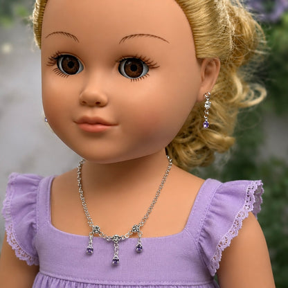 Light Misty Purple & Clear Rhinestone Silver Doll Necklace and Earrings Set for 18 Inch Fashion Dolls