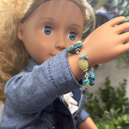Light Green Turquoise Blue Beaded Dangle Doll Bracelet • 18 Inch Doll Jewelry