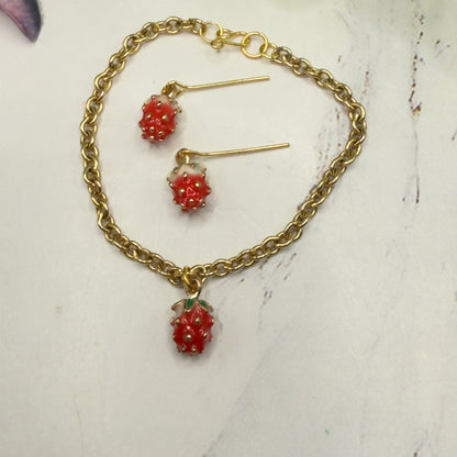 Strawberry Enamel Gold Charm Necklace & Earrings Set • 18 Inch Fashion Doll Jewelry