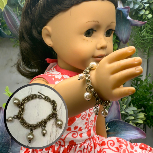 Gold Brass Tone Chain Pearl Dangles Doll Charm Bracelet • 18 Inch Fashion Doll Jewelry