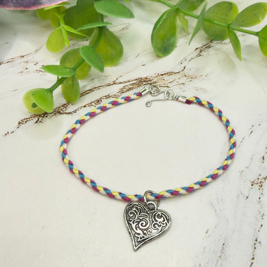 Braided Thread Purple Blue Yellow Doll Necklace w/ Silver Heart Charm • 18 Inch Fashion Doll Jewelry