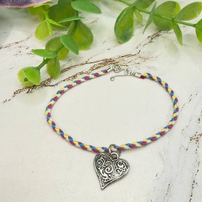 Braided Thread Purple Blue Yellow Doll Necklace w/ Silver Heart Charm • 18 Inch Fashion Doll Jewelry