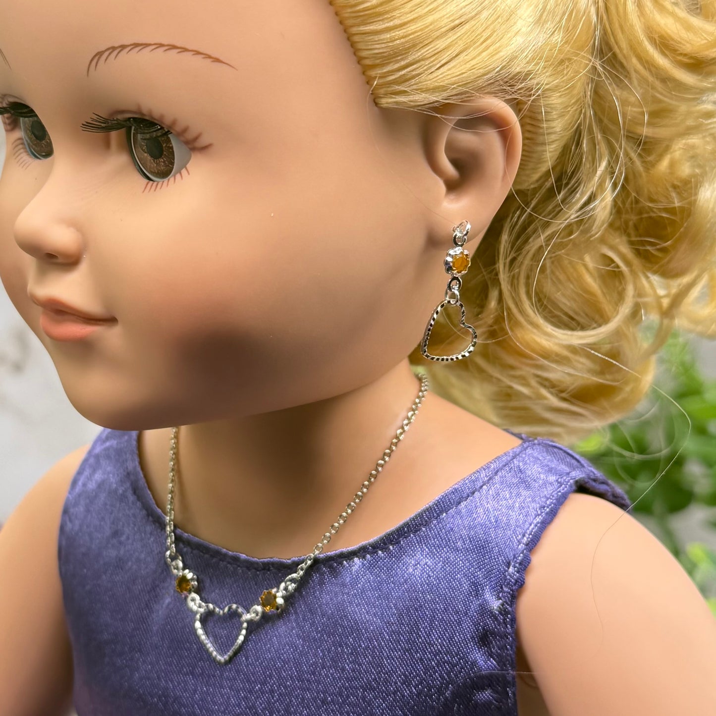 Amber Yellow Crystal Silver OpenHeart Charm Doll Necklace & Earrings • 18 Inch Fashion Doll Jewelry