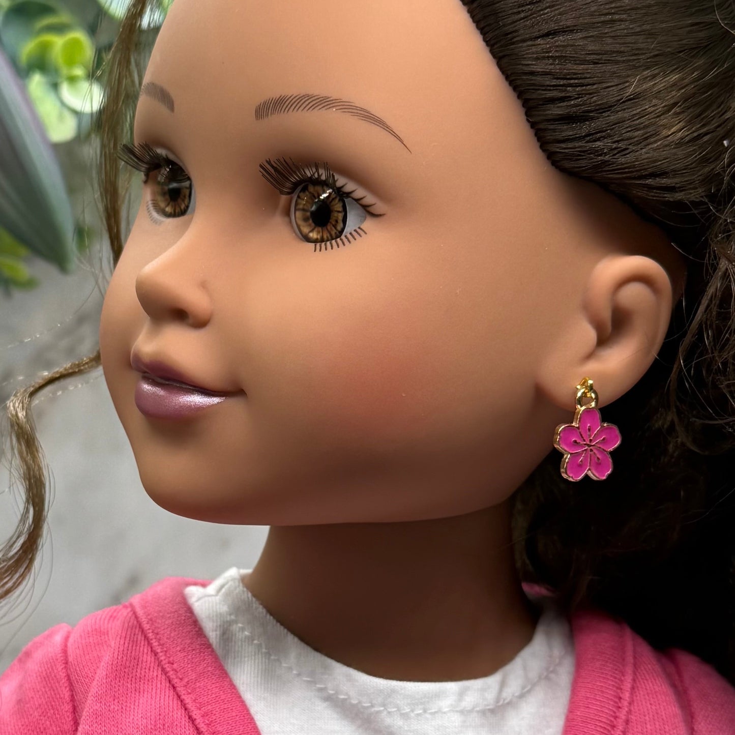 Bright Pink Sakura Cheery Blossom Flower Dangle Doll Earrings • 18 Inch Fashion Doll Jewelry