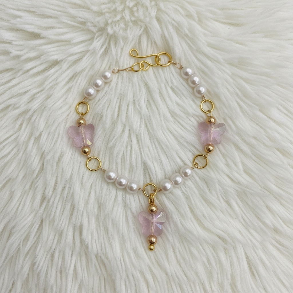Light Pink Crystal Butterfly & Pearl Beaded Doll Necklace • 14 Inch Fashion Doll Jewelry