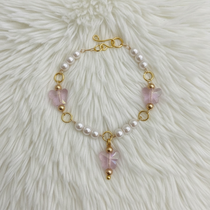 Light Pink Crystal Butterfly & Pearl Beaded Doll Necklace • 14 Inch Fashion Doll Jewelry