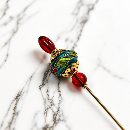 Red Lucite Blue Green Cloisonné Floral Design Gold Filigree Hatpin • 6 Inch