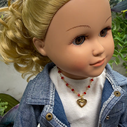 Red Crystal Beaded Link Chain Gold Heart Charm Doll Necklace • 18 Inch Fashion Doll Jewelry