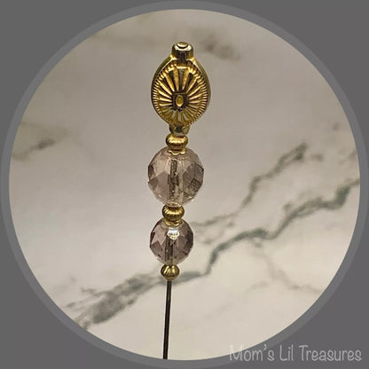 Light Grayish Purple Crystal Gold Tone Accent - 8” • Hatpin - Stick Pin