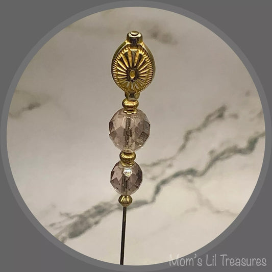 Light Grayish Purple Crystal Gold Tone Accent - 8” • Hatpin - Stick Pin