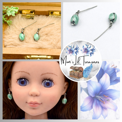 Green Enamel Swirl Silver Tone Dangle Doll Earrings · 14 Inch Doll Jewelry