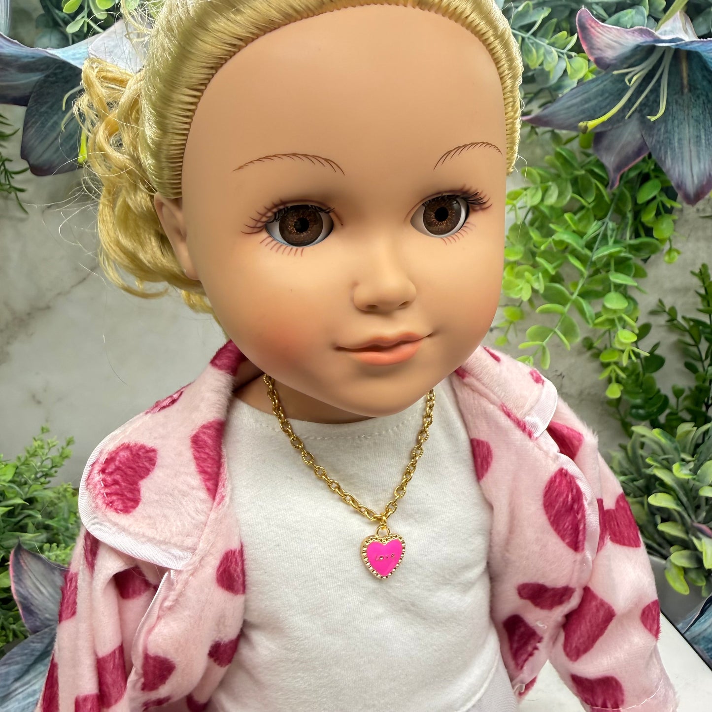 Pink LOVE Heart Charm Gold Chain Doll Necklace • 18 Inch Fashion Doll Jewelry