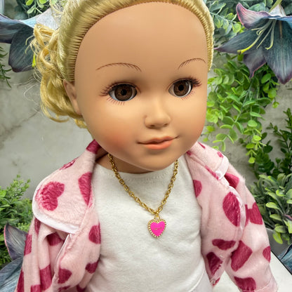 Pink LOVE Heart Charm Gold Chain Doll Necklace • 18 Inch Fashion Doll Jewelry