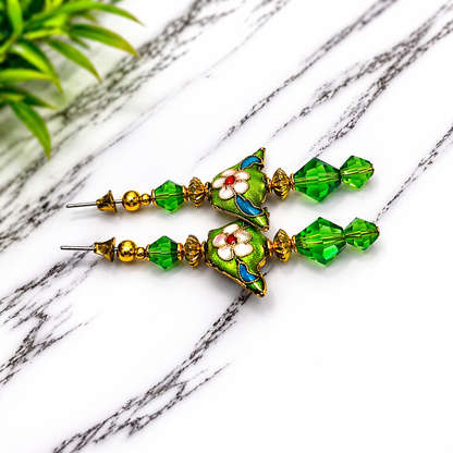 Fashion Green Crystal & Cloisonné Gold Tone Dangle Earrings - Post- Handmade