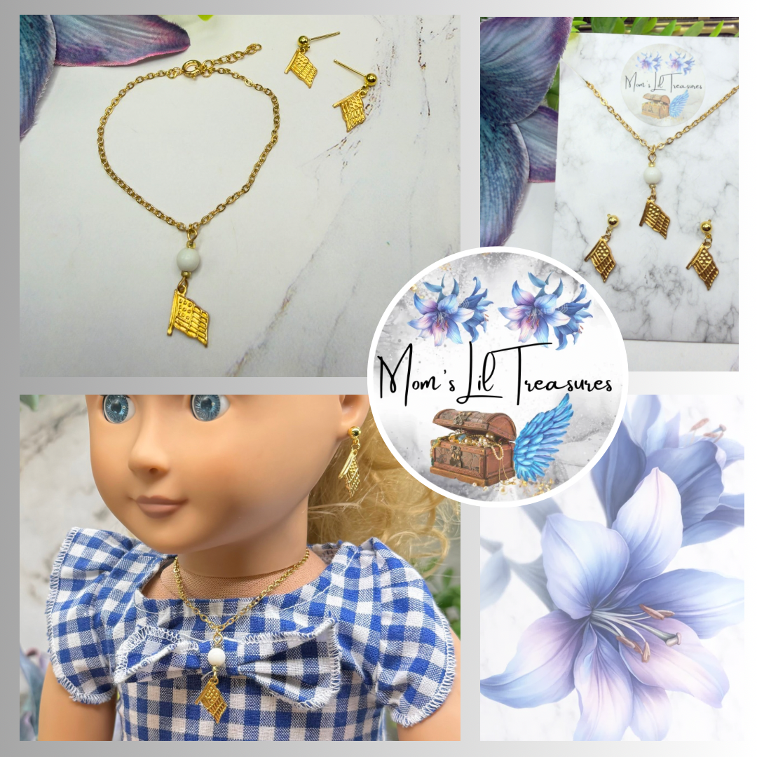 White Bead Gold Flag Dangle Doll Necklace & Earrings Set for 18 Inch Fashion Doll