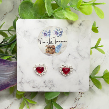 Red Rhinestone Heart Silver Post Doll Earrings • 2mm Post for 18 Inch Fashion Doll