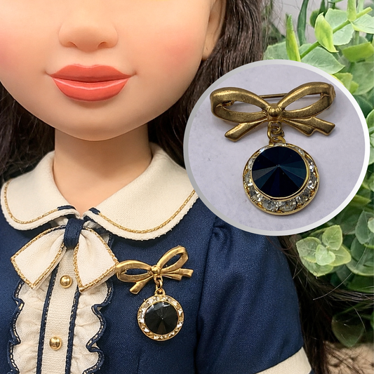 Gold Tone Bow Pin Black & Clear Rhinestone Dangle Doll Brooch