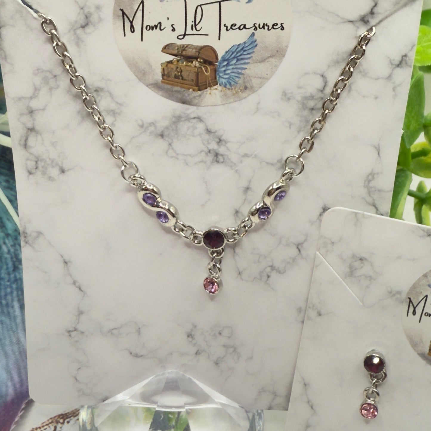 Pink Purple Rhinestone Silver Doll Necklace & Earrings Set • 18 Inch Fashion Doll Jewelry