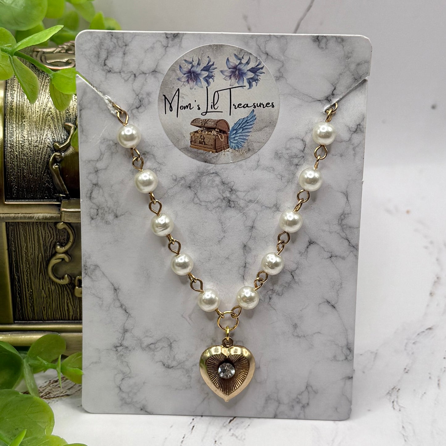 Heart Charm w/ Rhinestone Center Pearl Beaded Gold Doll Necklace • 18 Inch Fashion Doll Jewelry