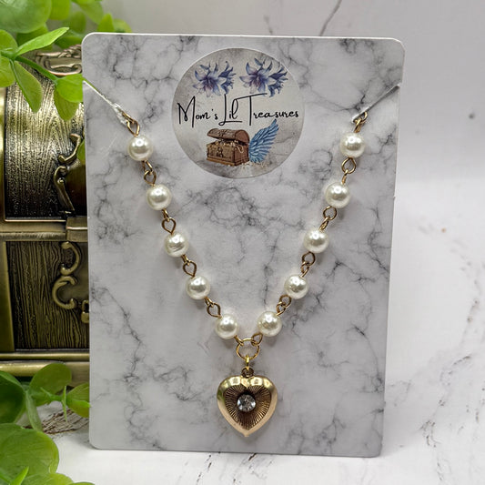 Heart Charm w/ Rhinestone Center Pearl Beaded Gold Doll Necklace • 18 Inch Fashion Doll Jewelry
