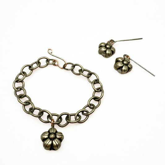 Flower Dangle Gunmetal Dark Silver Doll Necklace & Earrings • 14 Inch Fashion Doll Jewelry