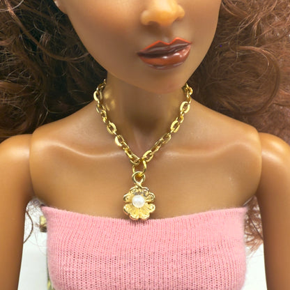 Flower Pearl Accent Pendant Gold Doll Necklace • 16 Inch Fashion Doll Jewelry