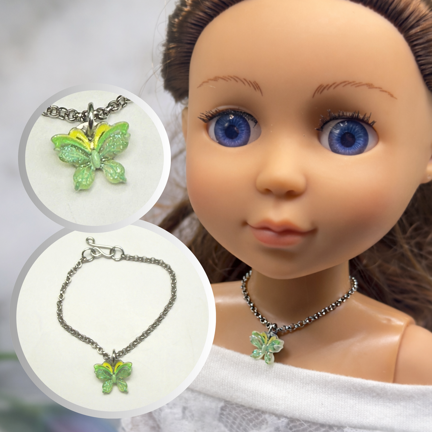 Green Yellow Butterfly Charm Silver Doll Necklace • 14 Inch Fashion Doll Jewelry