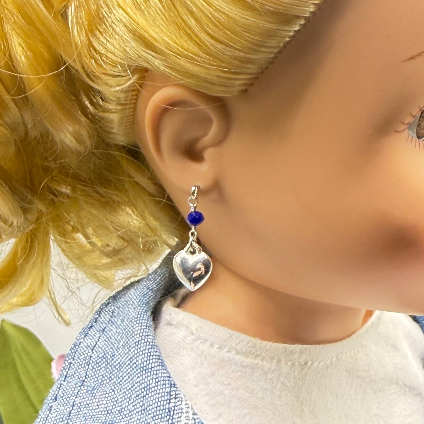 Silver Heart Blue Crystal Dangle Doll Earrings • 18 Inch Fashion Doll Jewelry