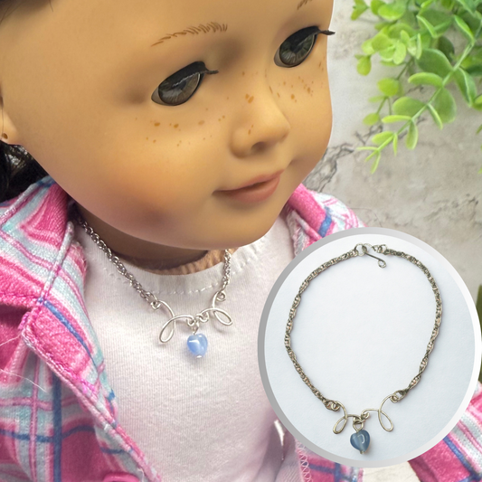 Blue Glass Heart Charm Silver Chain Doll Necklace • 18 Inch Fashion Doll Jewelry