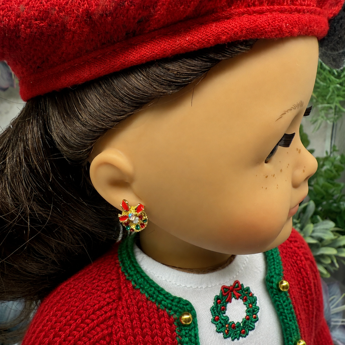 Christmas Wreath Gold Post Doll Earrings • 2mm Post for 18 Inch Fashion Doll