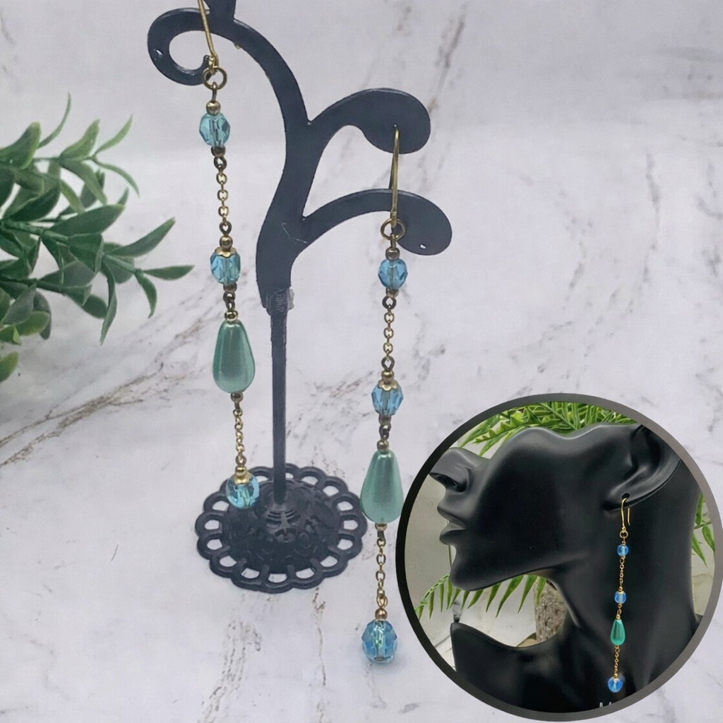 Handmade Duster Dangle Earrings -  Turquoise Crystal Faux Pearl Gold Tone Chain