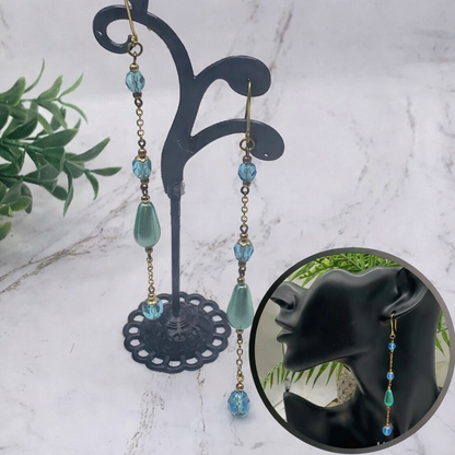 Handmade Duster Dangle Earrings -  Turquoise Crystal Faux Pearl Gold Tone Chain