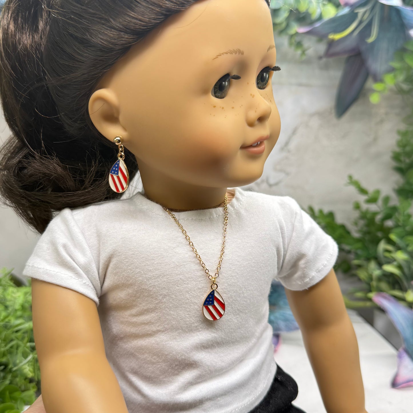 Red White Blue Patriotic Flag Design Teardrop Charm Doll Necklace & 2mm Post Earrings for 18 Inch Fashion Doll