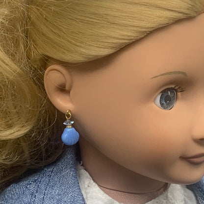 Blue Glass Shell Shape & Crystal Dangle Doll Earrings • 18” Doll Jewelry