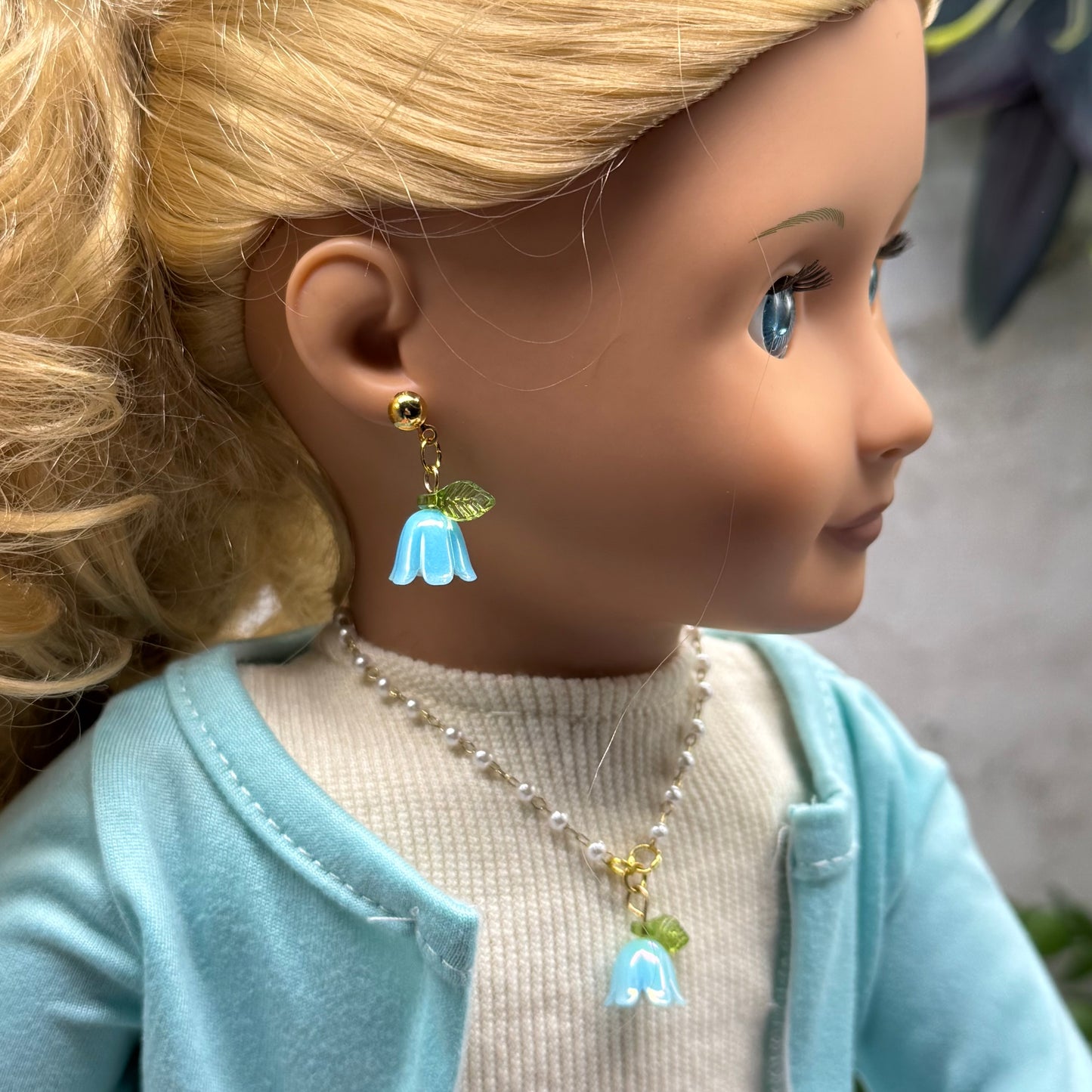 Turquoise Blue Bell Flower Lily of Valley Charm Pearl Beaded Doll Necklace & Earrings • 18 Inch Fashion Doll Jewelry