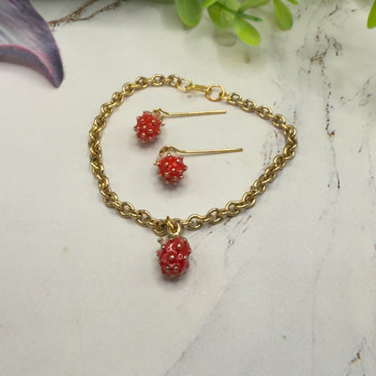 Strawberry Enamel Gold Charm Necklace & Earrings Set • 18 Inch Fashion Doll Jewelry