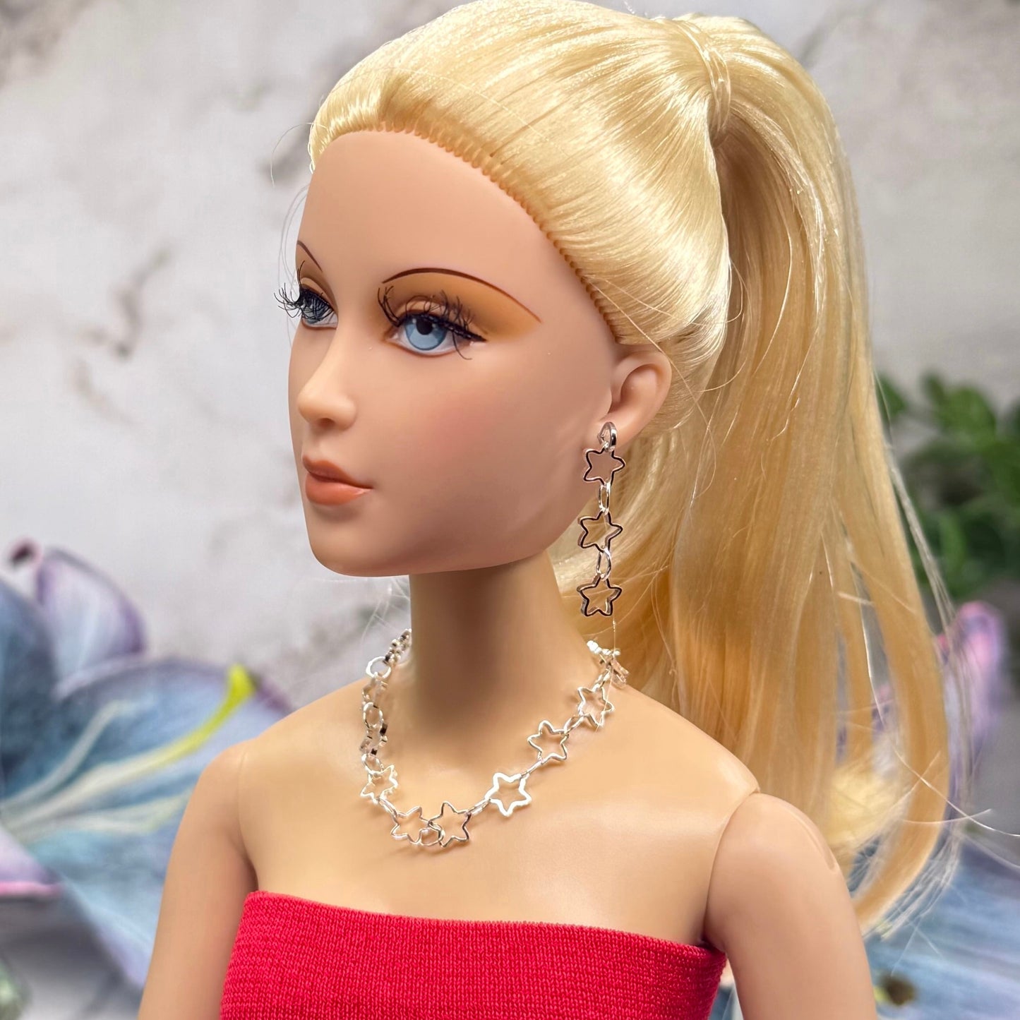 Open Work Silver Star Chain Doll Necklace & Earrings Set for 16 Inch Fashion Doll