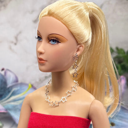 Open Work Silver Star Chain Doll Necklace & Earrings Set for 16 Inch Fashion Doll