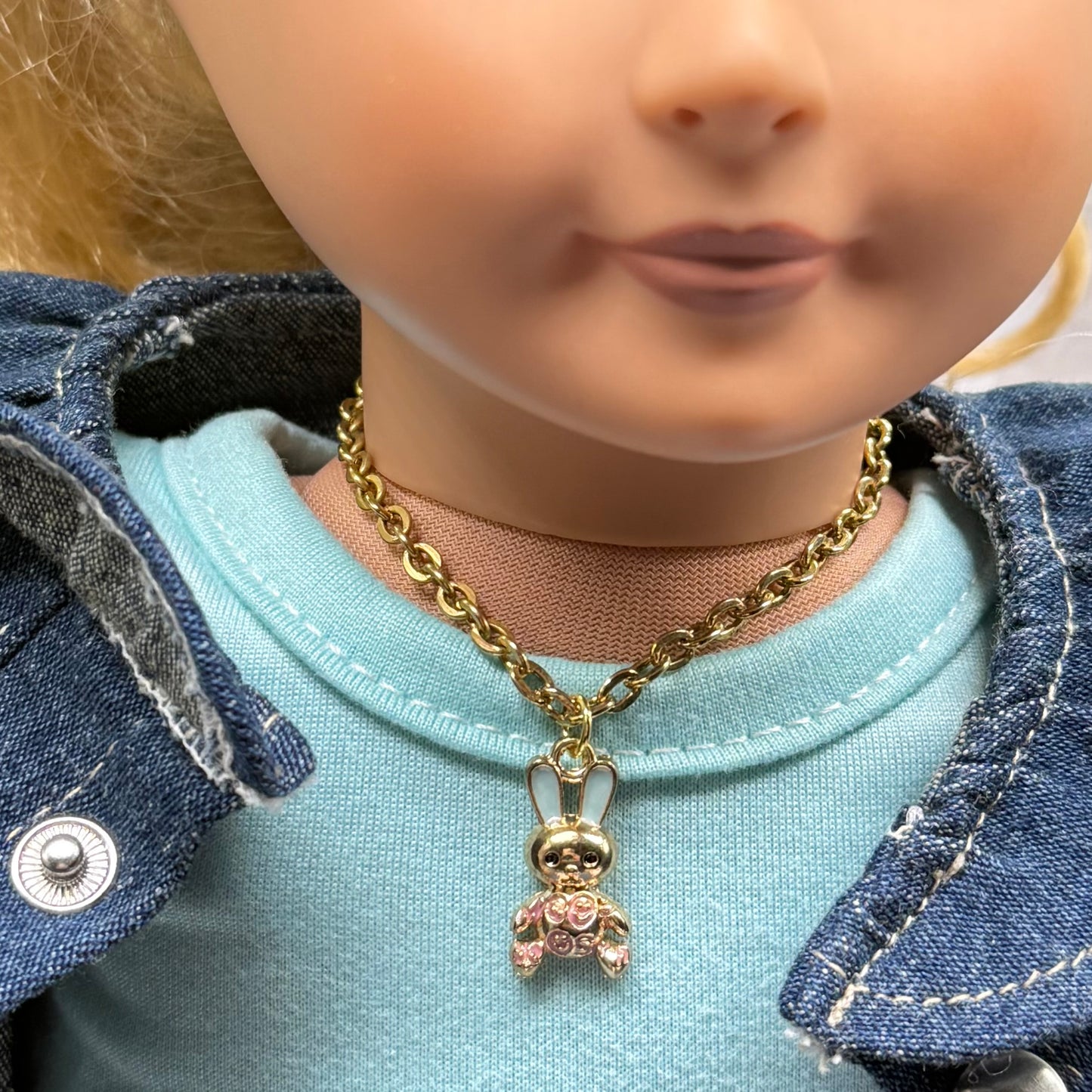 Bunny Blue & Purple Enamel Detail Charm Doll Necklace Easter • 18 Inch Fashion Doll Jewelry