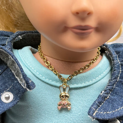 Bunny Blue & Purple Enamel Detail Charm Doll Necklace Easter • 18 Inch Fashion Doll Jewelry