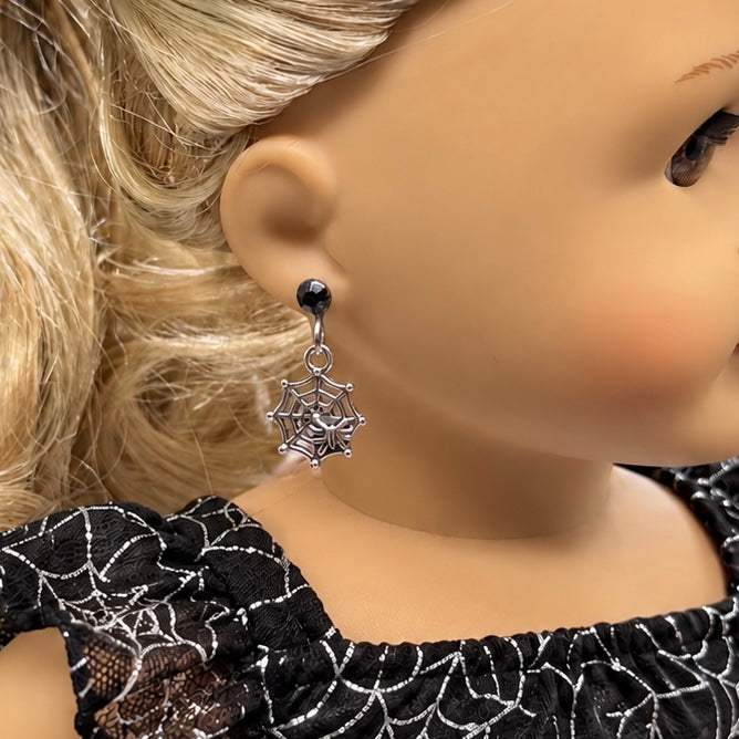 Silver Spider Web Halloween Dangle Black Rhinestone 2mm Post Doll Earrings • fits 18 Inch Doll • American Girl