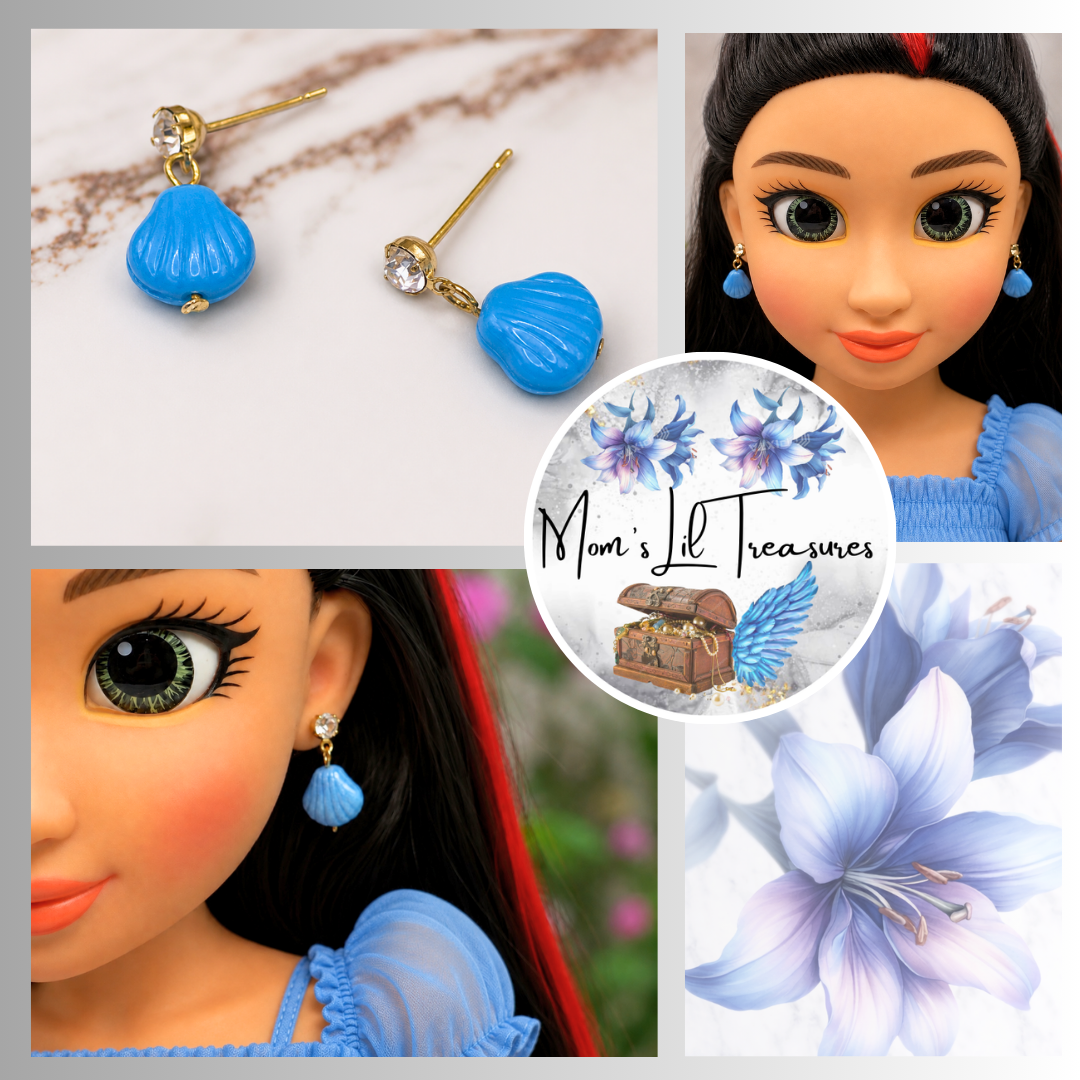 Blue Glass Shell Rhinestone Post Dangle Doll Earrings • 18 Inch Doll Jewelry
