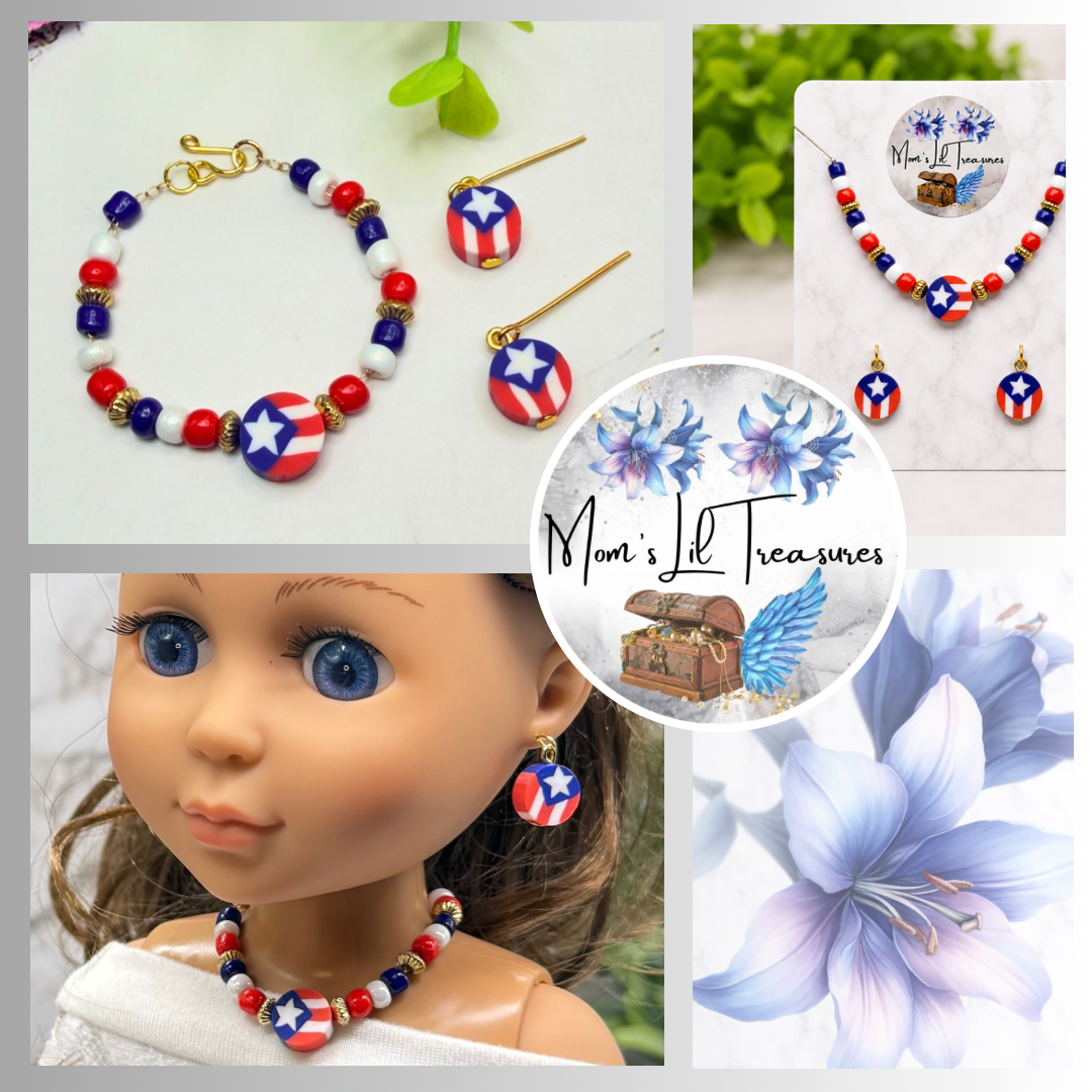 Red White Blue Americana Beaded Doll Necklace & Earrings Set for 14 Inch Fashion Doll