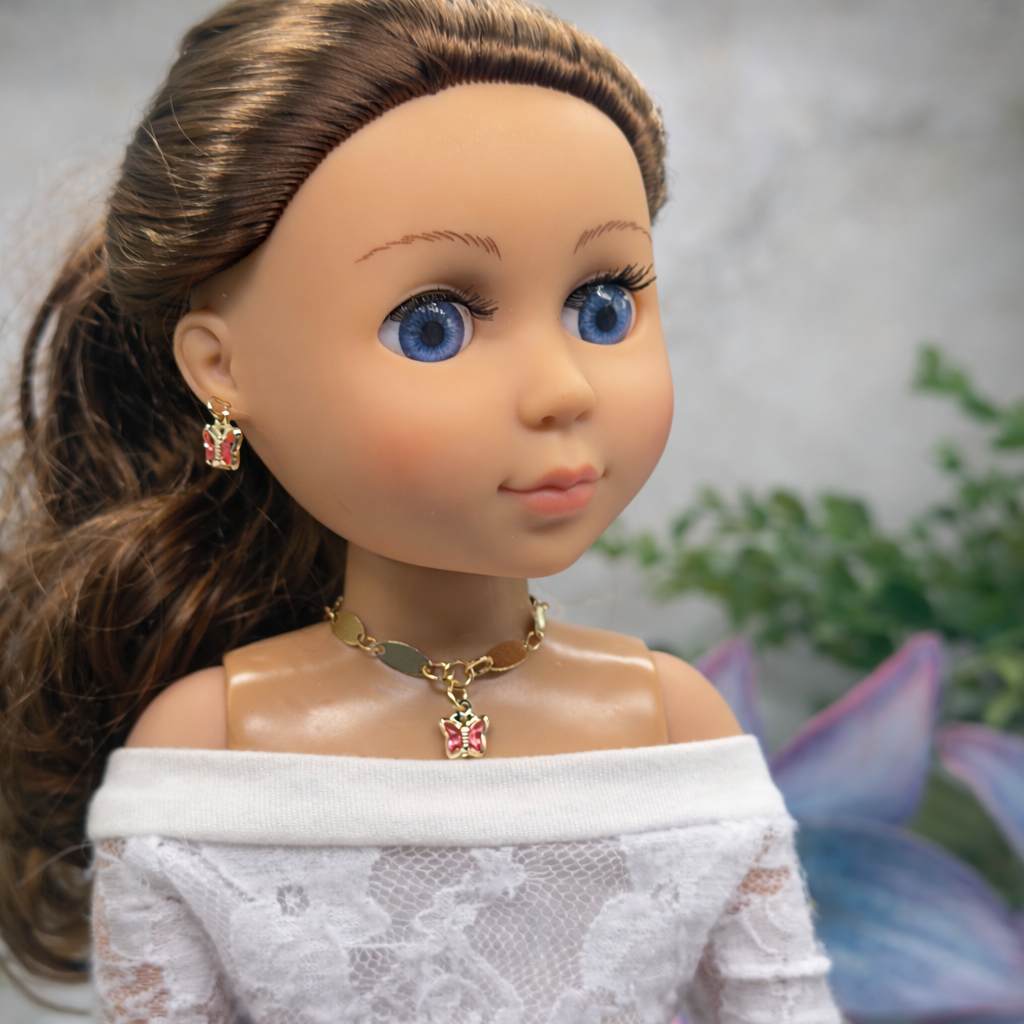 Pink Crystal Butterfly Charm Gold Oval Link Doll Necklace & Earrings • 14 Inch Fashion Doll Jewelry