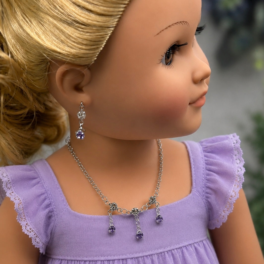 Light Misty Purple & Clear Rhinestone Silver Doll Necklace and Earrings Set for 18 Inch Fashion Dolls
