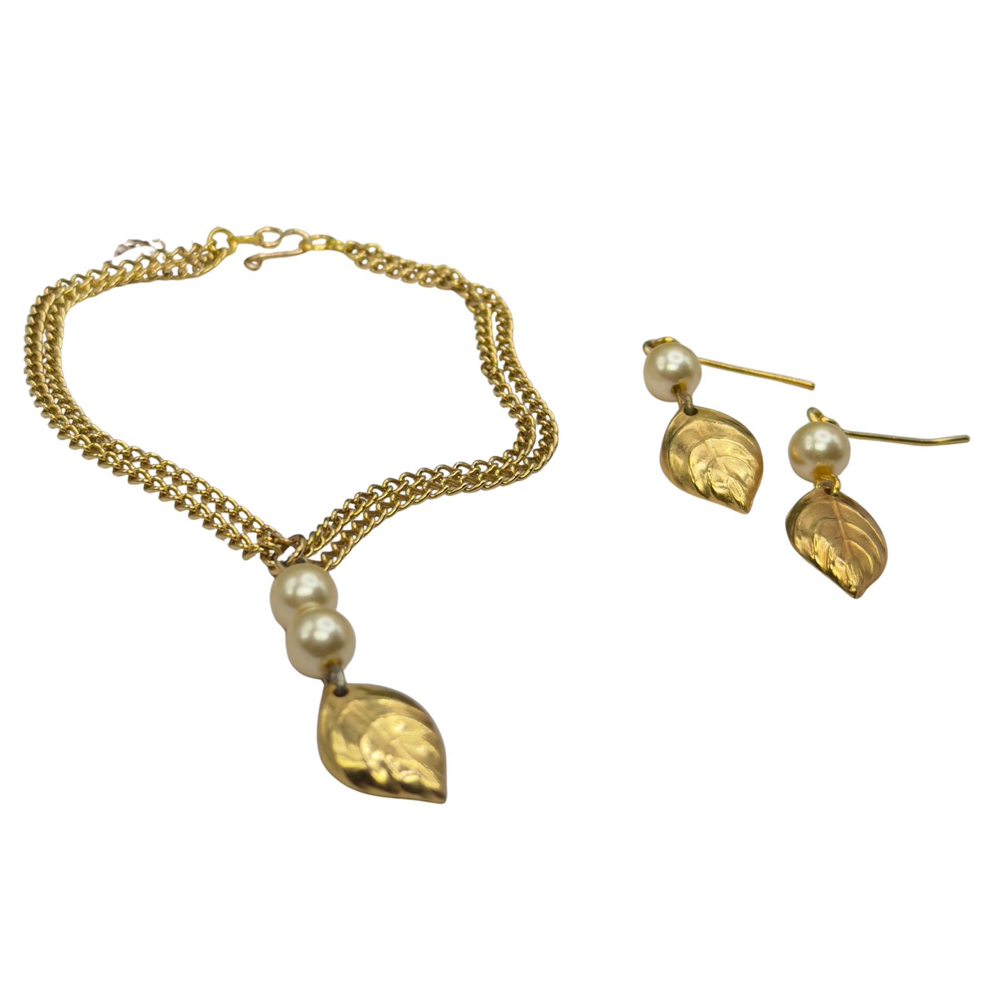 Gold Leaf & Pearl Dangle Doll Necklace & Earrings Set • 18 Inch Fashion Doll Jewelry
