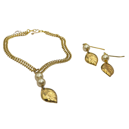 Gold Leaf & Pearl Dangle Doll Necklace & Earrings Set • 18 Inch Fashion Doll Jewelry