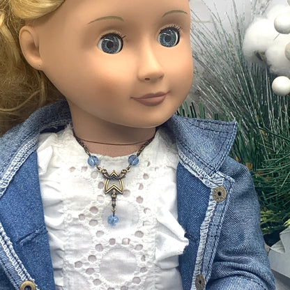 Blue Crystal Accent Bronze Tone Doll Necklace • 18 Inch Fashion Doll Jewelry